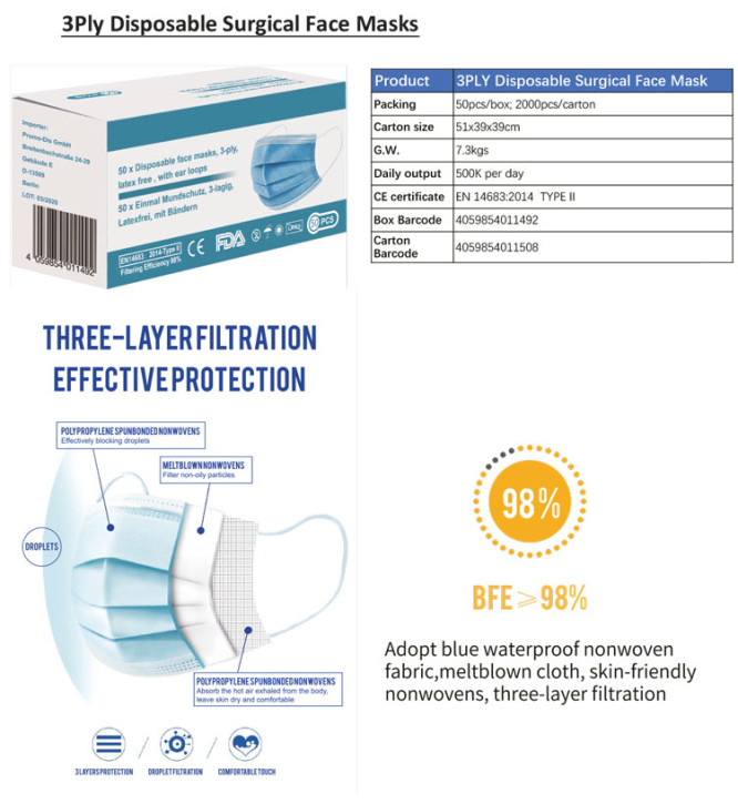 Einweg Mundschutz Maske / Atemschutzmaske - 3-lagig mit Vlies (50 Stück Box)