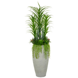 Sukkulentenarrangement, 175cm, grün, im grauen Fiberclay-Topf 45x80cm mit Kies, UV-beständig