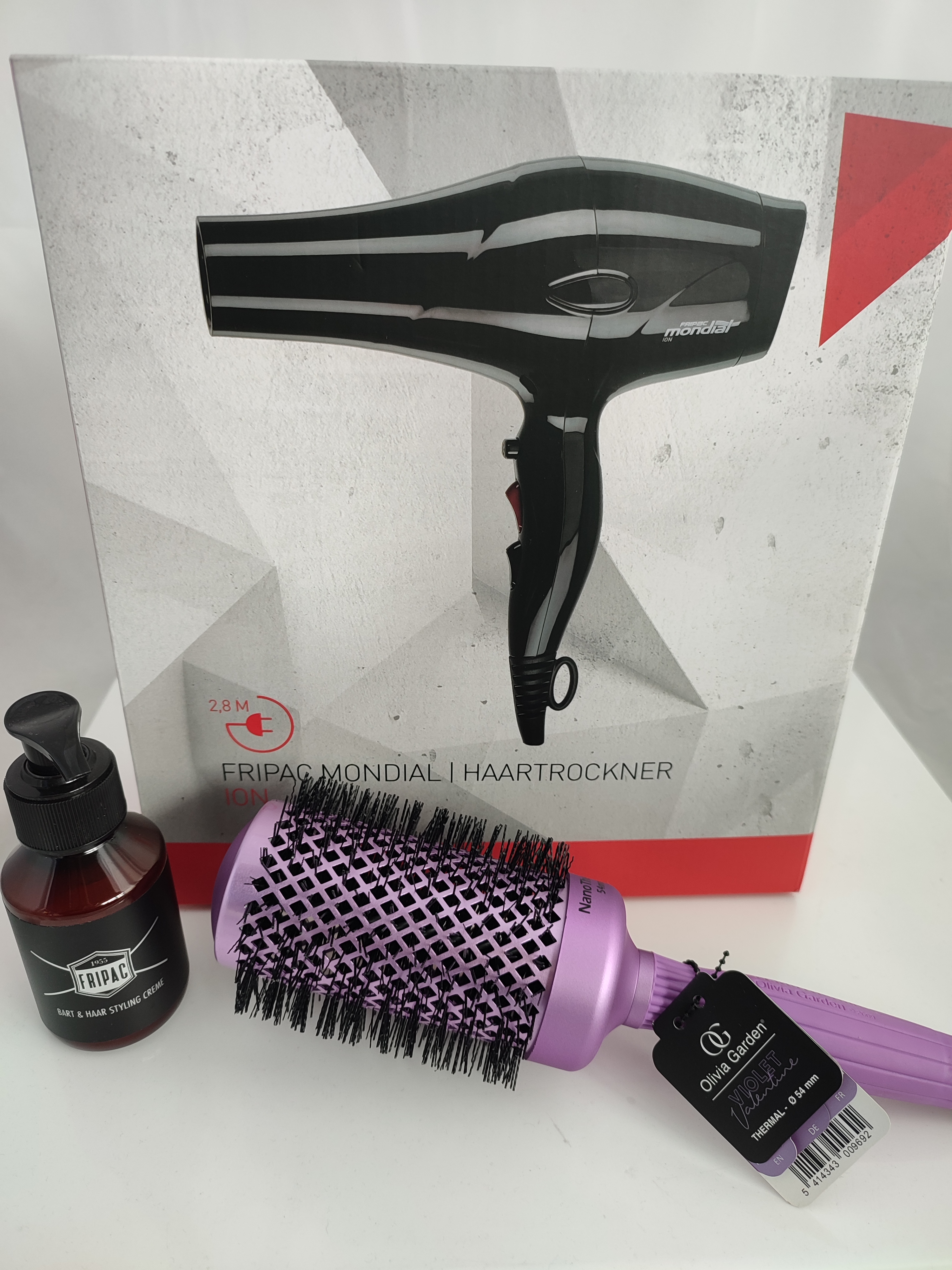 Fripac Medis Mondial Haartrockner Ion SUPERLEICHT 1900W + Gratis  lila grosse Rundbürste und Bart/Haarcreme