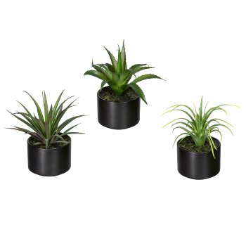 Aloe, Agave, Tillandsie, ca 15cm, 3fa.so., Kunststoff, grün, im Keramiktopf schwarz