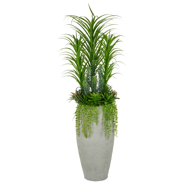 Sukkulentenarrangement, 175cm, grün, im grauen Fiberclay-Topf 45x80cm mit Kies, UV-beständig