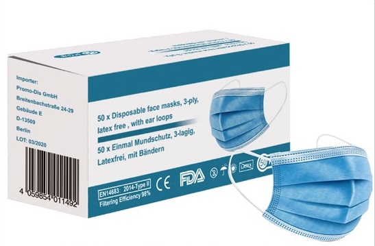 Einweg Mundschutz Maske / Atemschutzmaske - 3-lagig mit Vlies (50 Stück Box)